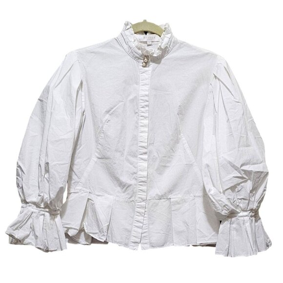 Beulah White Cotton Ruffled Blouse With Puff Sleeves & Pearl Button Accents Size - Picture 1 of 7